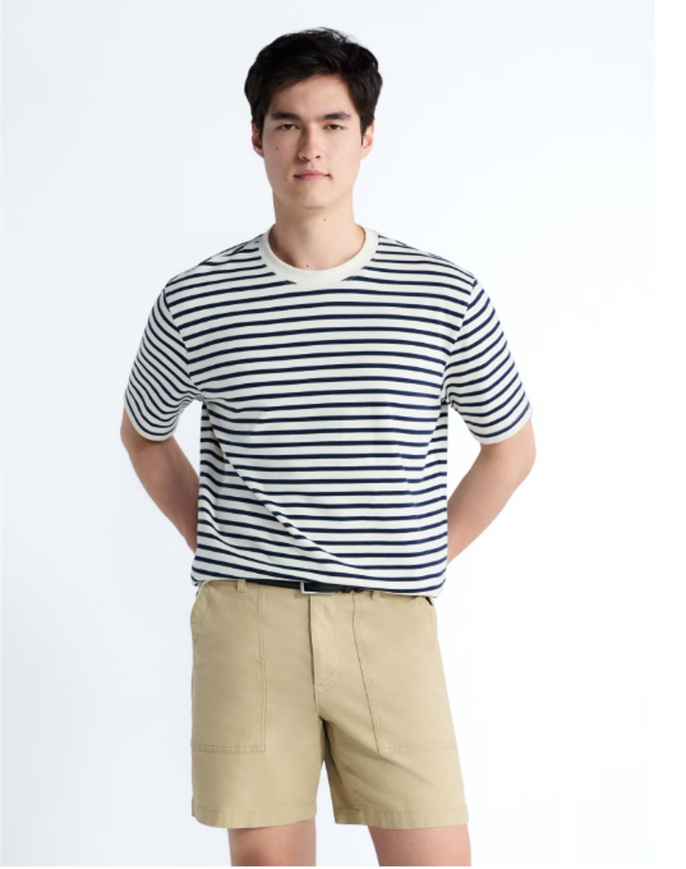 Free Assembly Mens Striped Heavyweight Relaxed Fit Short Sleeve Tee L CreamWhite
